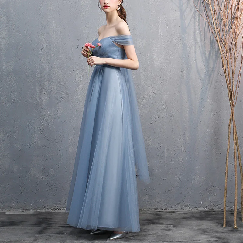 Grey And Blue Tulle Long Evening Dress For Women Wedding Party Simple And Elegant Formal Dress Bridesmaid Dresses With Bow