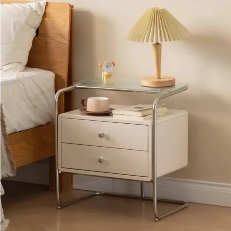 Nightstand Metal with Glass Top and Two Drawers Modern and Sleek Bedroom Furniture for Organized Storage