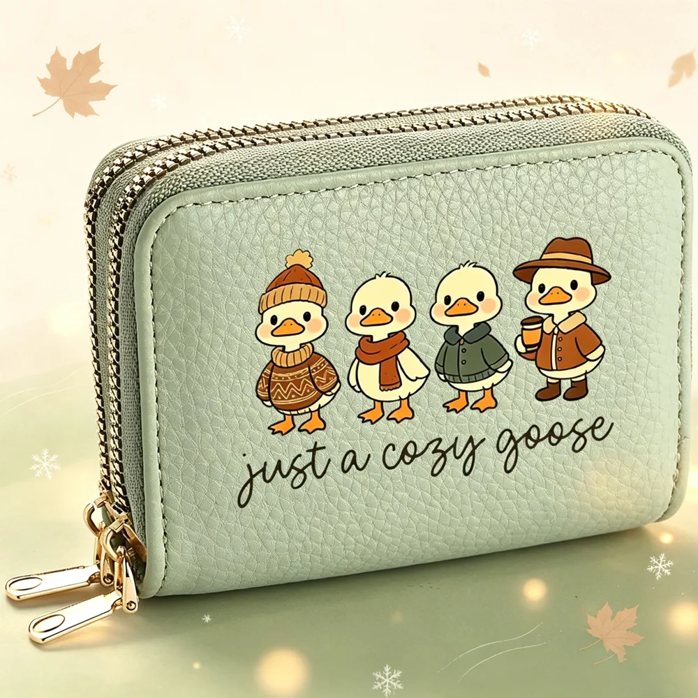 Mini Zipper Wallet for Ladies Cartoon Four Little Ducks Pattern PU Leather Short Style Portable Credit Card Holder