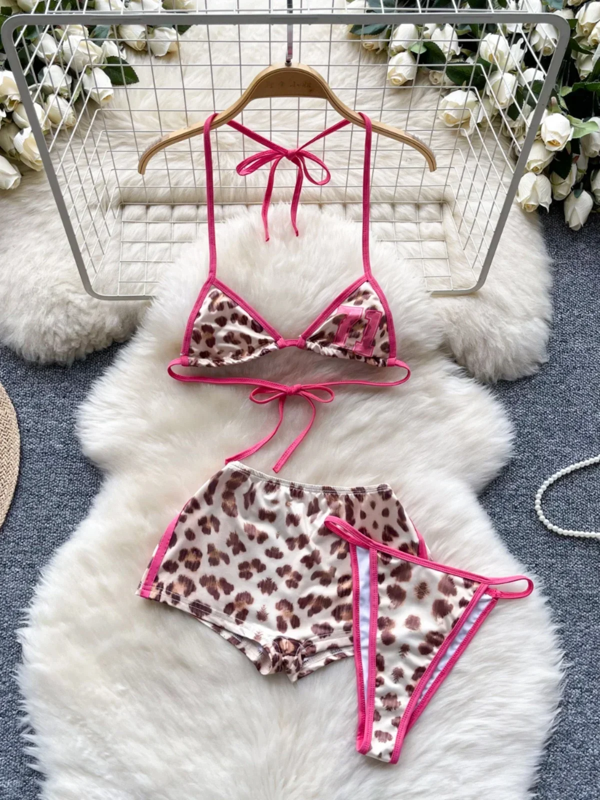 American Pure Desire Hottie Strap Leopard Print Bikini Uniform Three-piece Suit Women's Summer Tube Top + Shorts