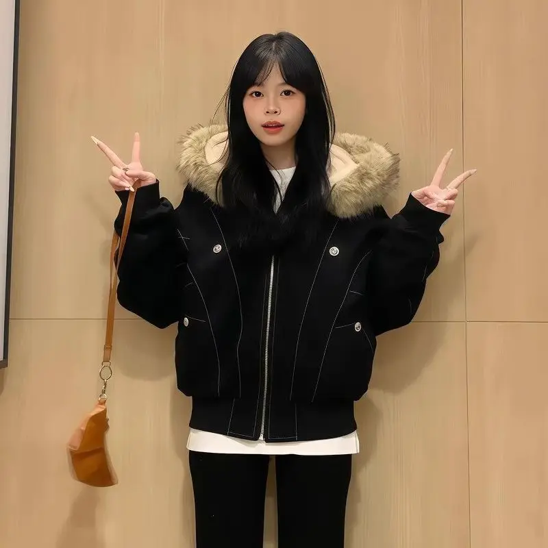 American Fashion Cotton Jacket for Women 2025 Winter New Style American Retro Loose Big Hairy Collar Coat Female Clothing