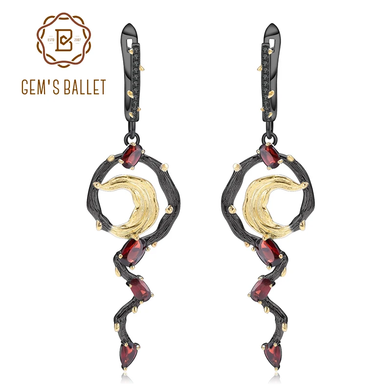 GEM'S BALLET 925 Sterling Silver 3.03Ct Natural Red Garnet Handmade Statement Vintage Drop Earrings For Women Fine Jewelry