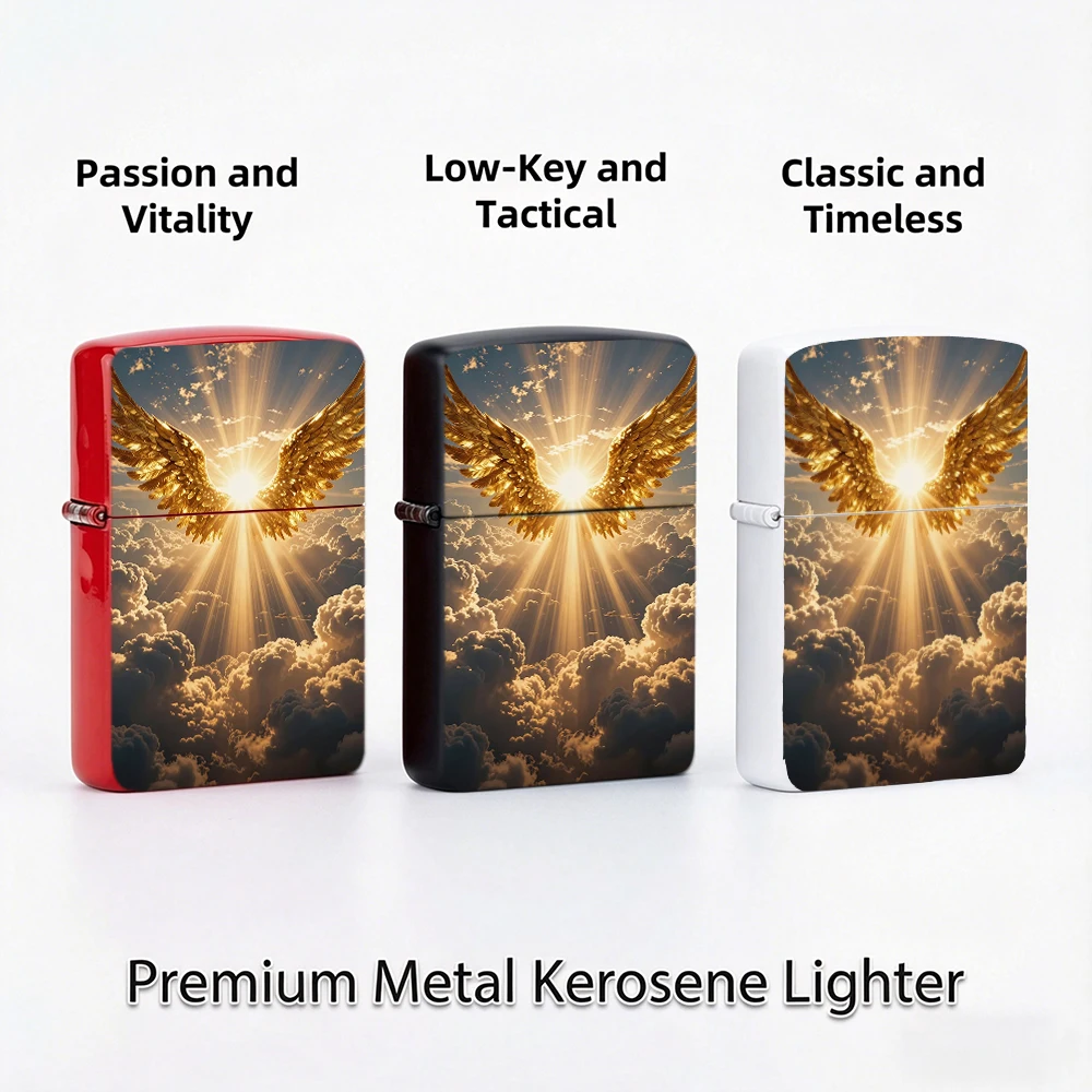 Divine celestial Flip Top Lighter lighters vintage Golden Angel Wings Sunbeam Cloud Sky Art Print Pattern lighters for smokers