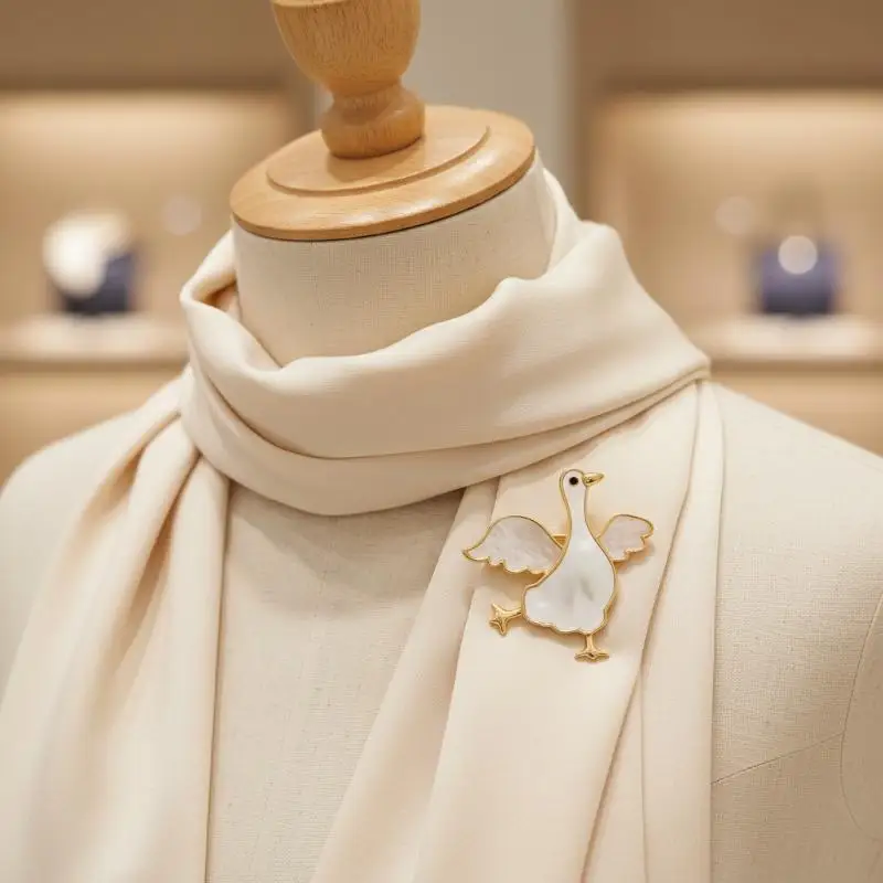 Cute Goose Shaped Brooch Natural Mother Of Pearl Inlay Gold Plated Trim For Jackets Scarves Daily Wear
