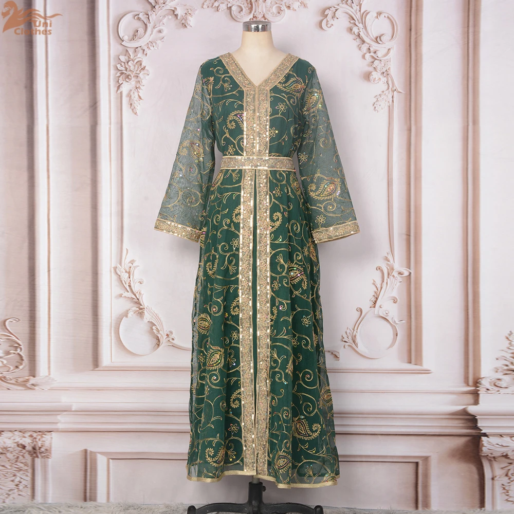 

Morocco Abayas Kaftan Eid Muslim Women Party Dresses Dubai Arab Long Robe Jalabiya Sequins Sashes Ramadan Islam Saudi Vestidos