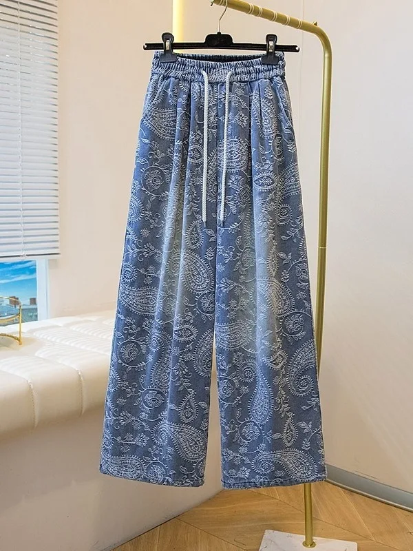 

Light Blue Floral Waist Nut Wide Leg Jeans Women's Spring New Style plus Size Slim Fit Fashionable Trousers Commute Style Hig...