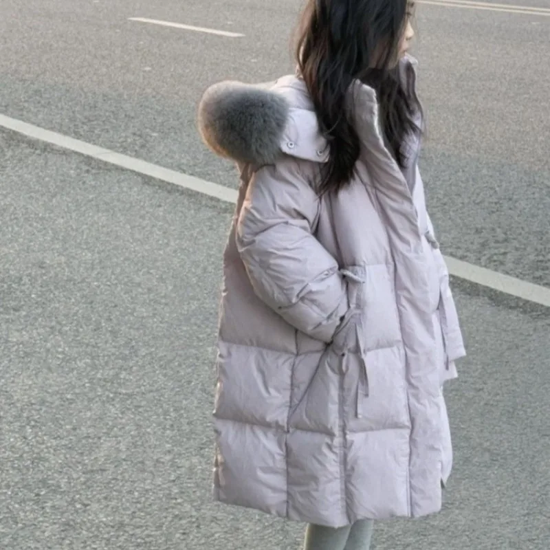 

2025 Winter New Korean Style Oversized DownFilled Coat Longline Warmth Thermal Jacket with Faux Fur Hood