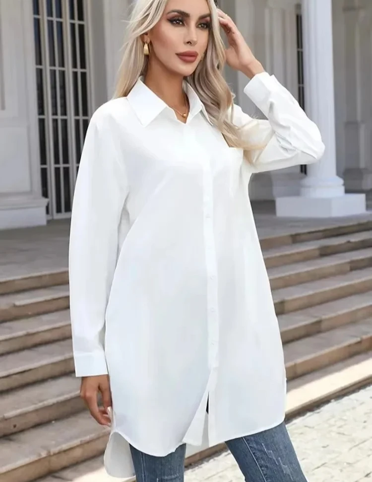 Lockeres und vielseitiges Langarmhemd für Damen im Frühling und Herbst, lässiges Revers für Damen, einfarbiges Basishemd