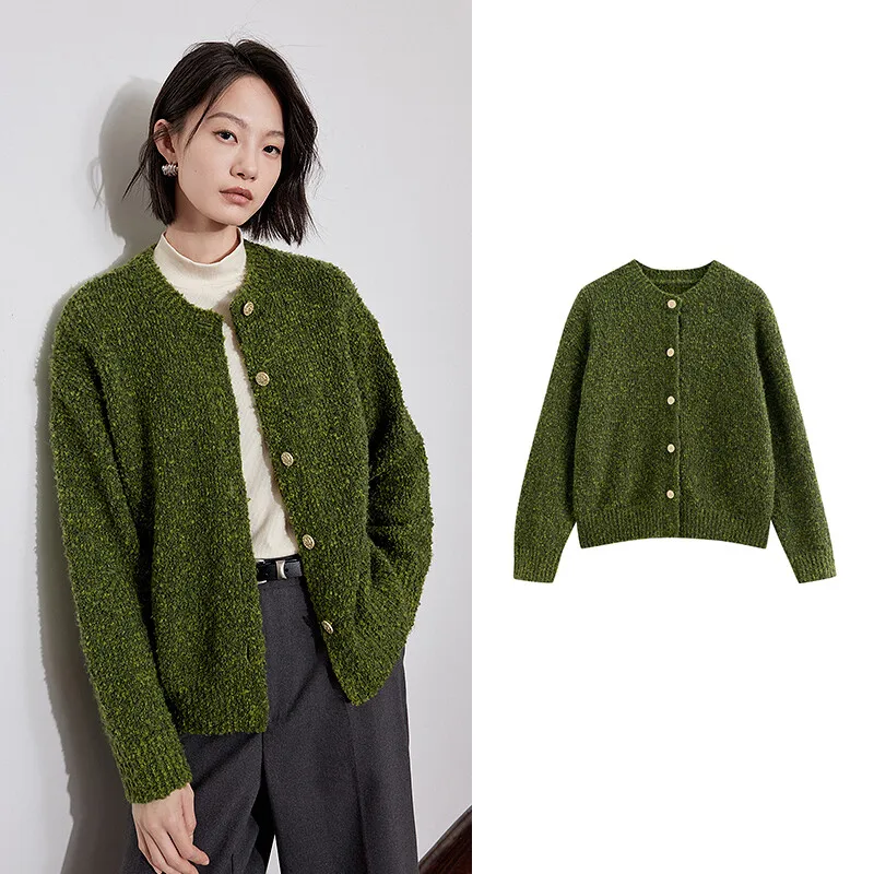 

Женский плюшевый вязаный свитер, осень 2022, новый элегантный стиль, однобортный кардиган с круглым вырезом и длинными рукавами, пальто на пуговицах