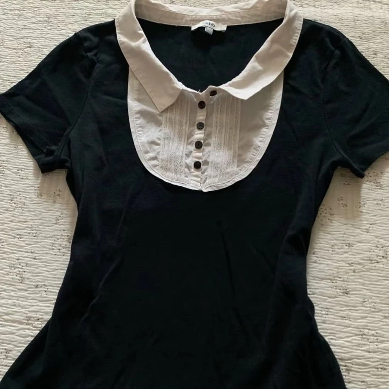 Deeptown Vintage Sweet Black T-shirts Women Korean Style Kawaii Babydoll Top Shoujo Girl Aesthetic Fashion Short Sleeve T-Shirts