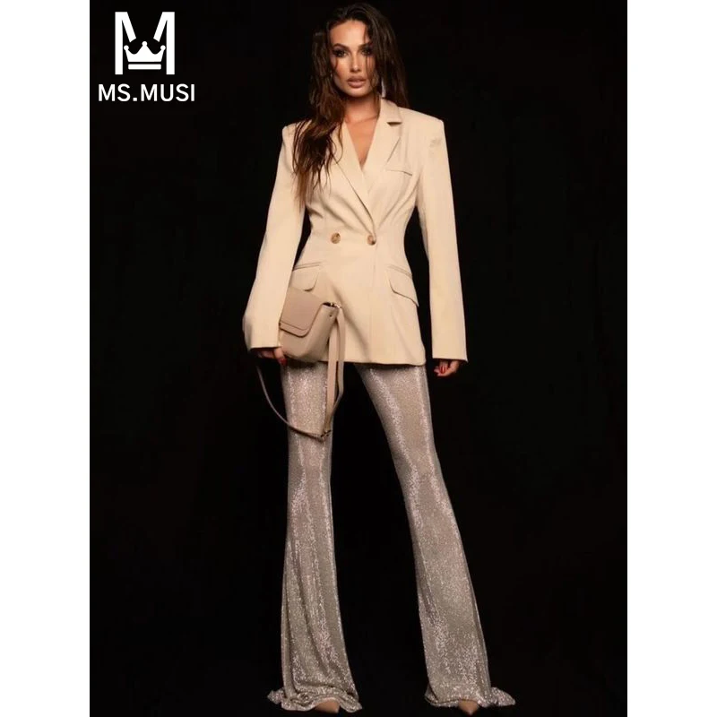 MSMUSI 2024 New Fashion Women Sexy Two Piece Set Bodycon Party Long Sleeve Blazer Top Diamond Crystal Lace Long Pant Set Suit