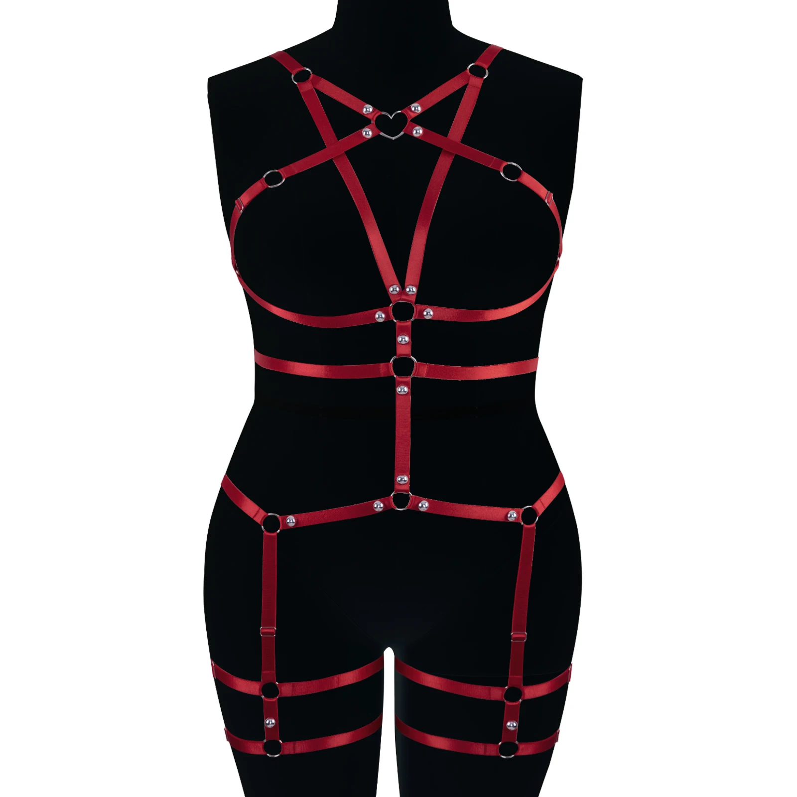 

Heart Ring Goth Body Harness Set Adjustable Sexy Lingerie Bodysuit Crop Top Harness Cage Bra Bondage Stockings Leg Garter Belt