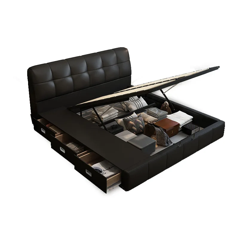 

Modern, minimalist, Italian, black, puff bed, genuine leather, small apartment, storage