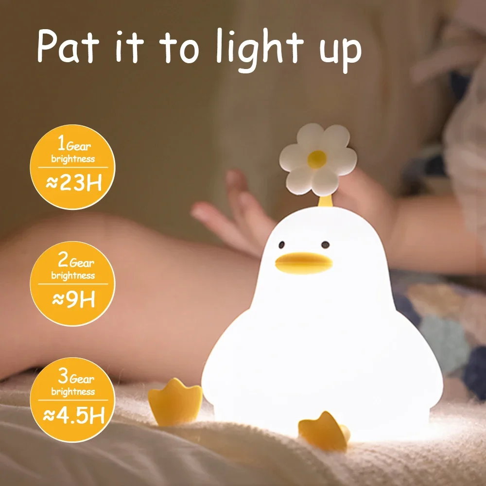 LED Cute Duck Night Light Cartoon Animal Silicone Pat Light Touch Sensor Timing USB Rechargeable Bedroom Bedside Gift Kids Lam