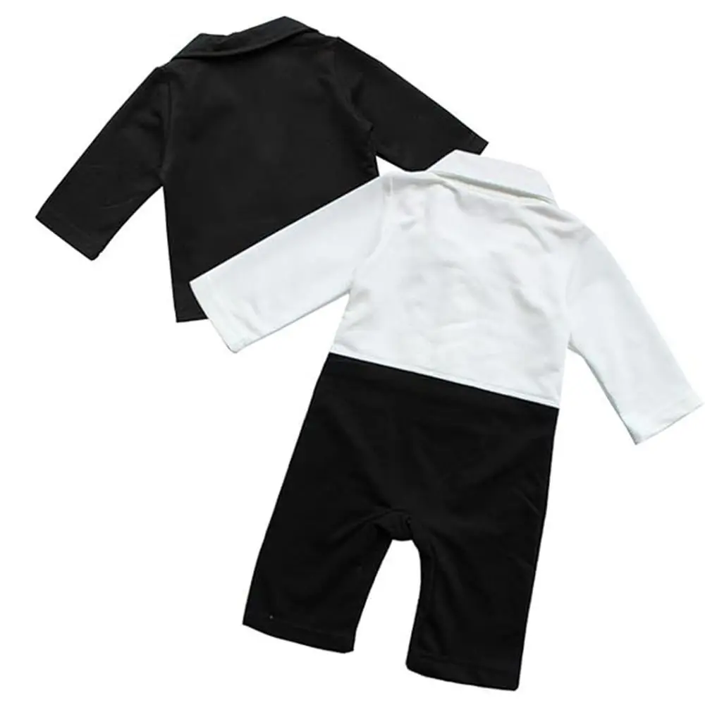 2-ピース-セット黒タキシード紳士ボスベビー服ツーピース衣装ストライプベスト幼児ロンパースボディスーツ蝶ネクタイロンパースボディスーツ