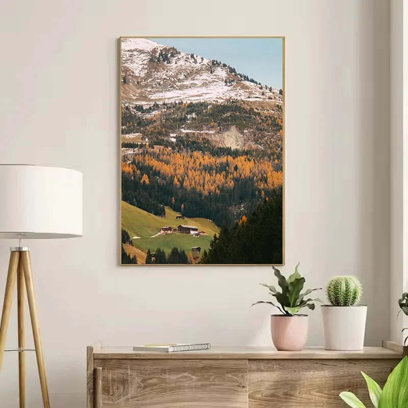 Alpine View Twilight Glow Snowy Mountain Peak Foggy Forest Nature Landscape Poster Canvas Painting Wall Pictures Home Decor