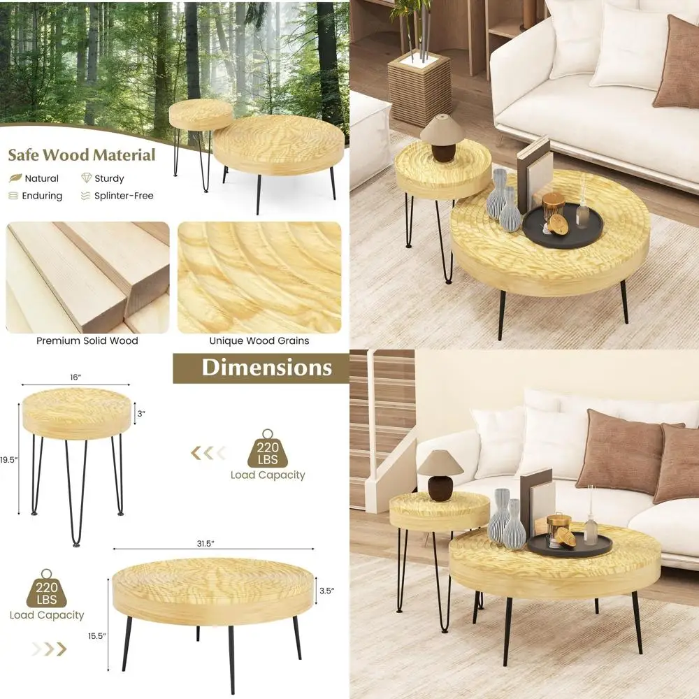 

Round Coffee Table Set of 2 with Solid Pine Wood Top, Metal Legs, and Adjustable Foot Pads for Living Room (Natural)