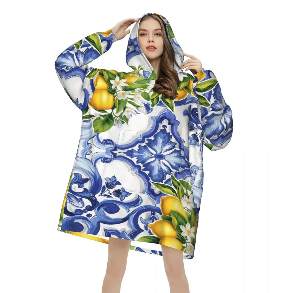 Lemon Sicily Rectangle Oversized Blanket Hoodie Sweatshirt Long Fleece Hooded Wearable Blanket with Large Pocket for Women Men