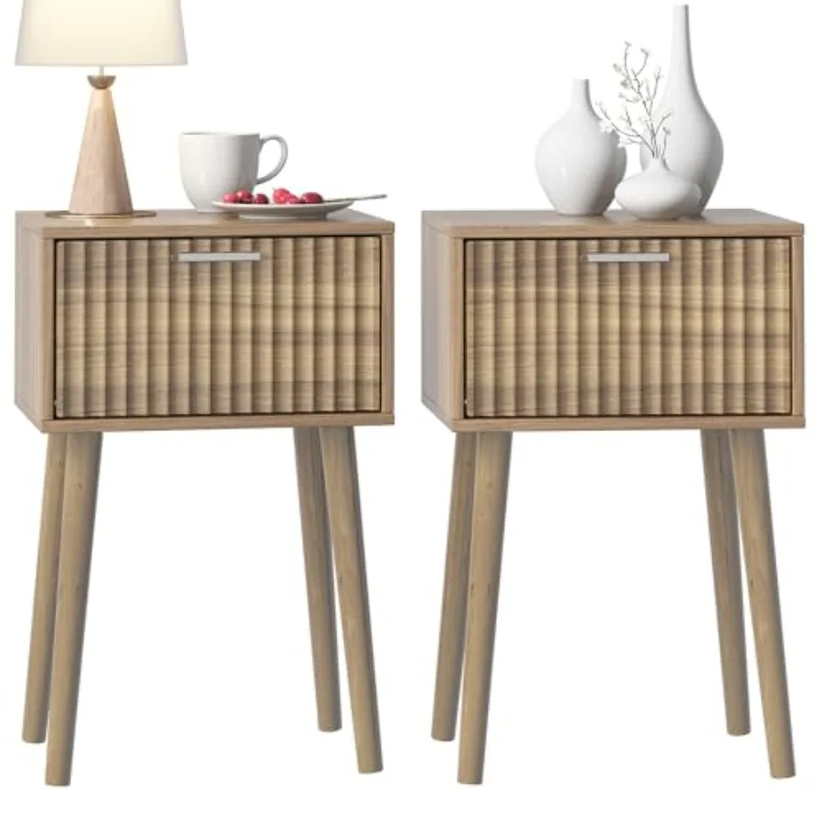

Set of 2 Small Nightstands with Fluted Door and Solid Wood Feet Light Brown Wooden Bedside Tables for Bedroom Compact End Table