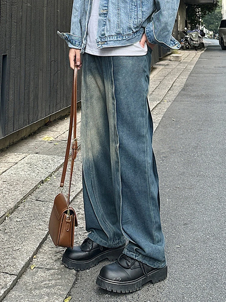 

Waed American Sle Men's Straight Leg Jeans Trendy Splice Design Casual Long Trousers Youthful Faion Wear Resistant
