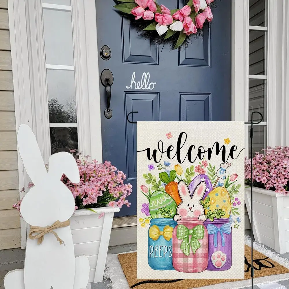 CROWNED BEAUTY Easter Garden Flag Floral Mason Jar 12x18 Inch Double Sided for Outside Small Burlap Holiday Welcome Yard Flag