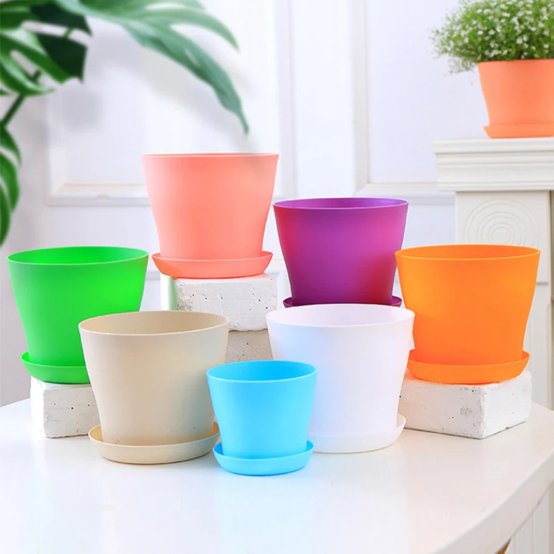 Candy Color Flower Pot With Tray Succulents Plant Pot Office Desktop Balcony Home Garden Decoration Plastic Planters Flowerpot