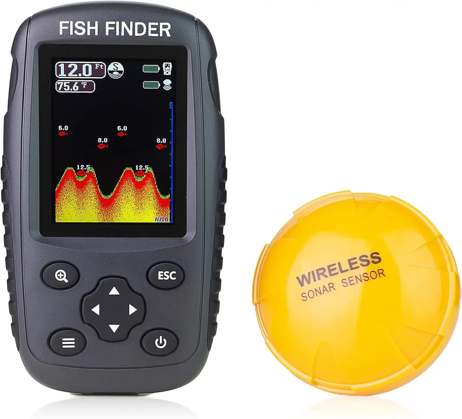 Rechargeable Fish Finder Wireless Sonar Sensor Fishfinder Depth Locator with Fish Size, Water Temperature, Bottom Conto