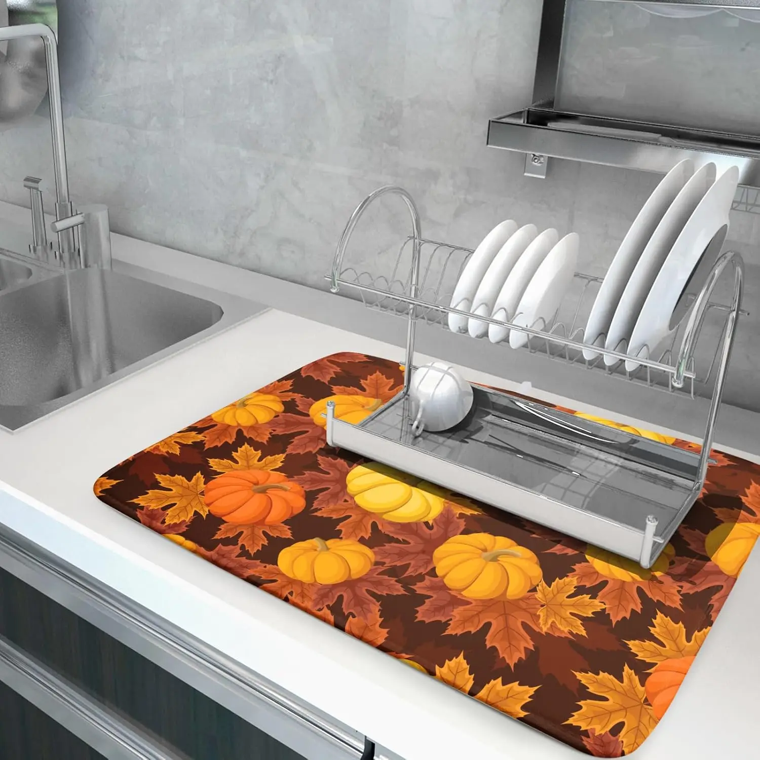 Fall Pumpkin Maple Leaf Drying Mats for Kitchen Table Decoration Absorb Water Drying Mat Kitchen Accessories Dish Rack Mat