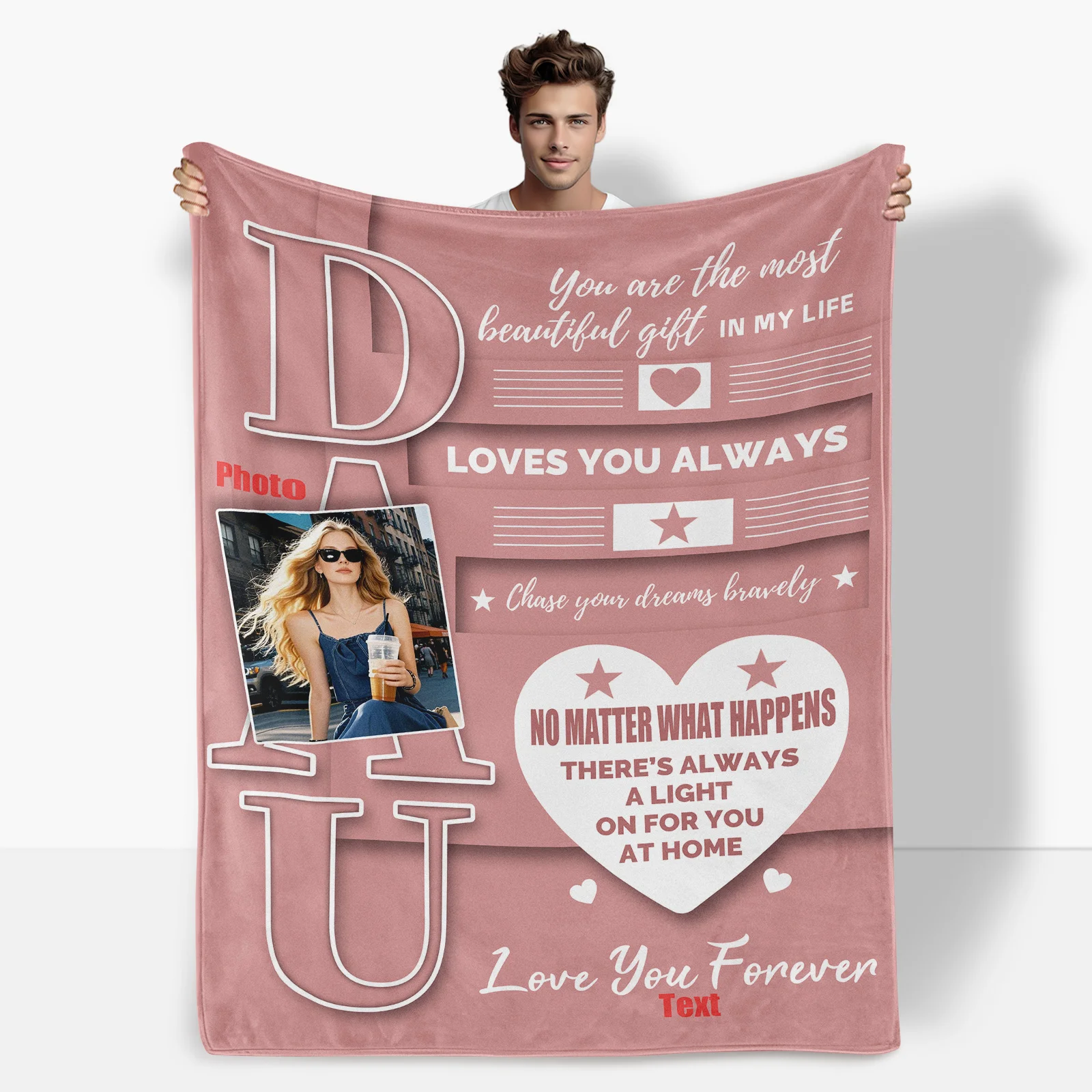 

Personalized Photo And Text Design Blanket With Heart Theme Cozy Warm Throw Custom Gift For Daughter Thoughtful Keepsake Present