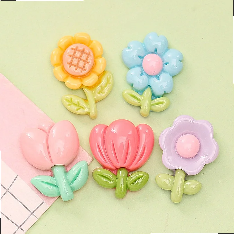 100pcs Kawaii Rainbow Flower Resin Flatback Cabochon DIY Accessories for Scrapbook Phone Case Hairpin Keychain Craft Decor