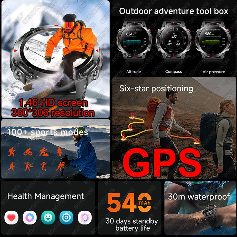 New Military GPS Sports Smart Watch Men Support GNSS Swim 3ATM Waterproof Compass Altimeter BT Call Outdoor Sports Smart Watch