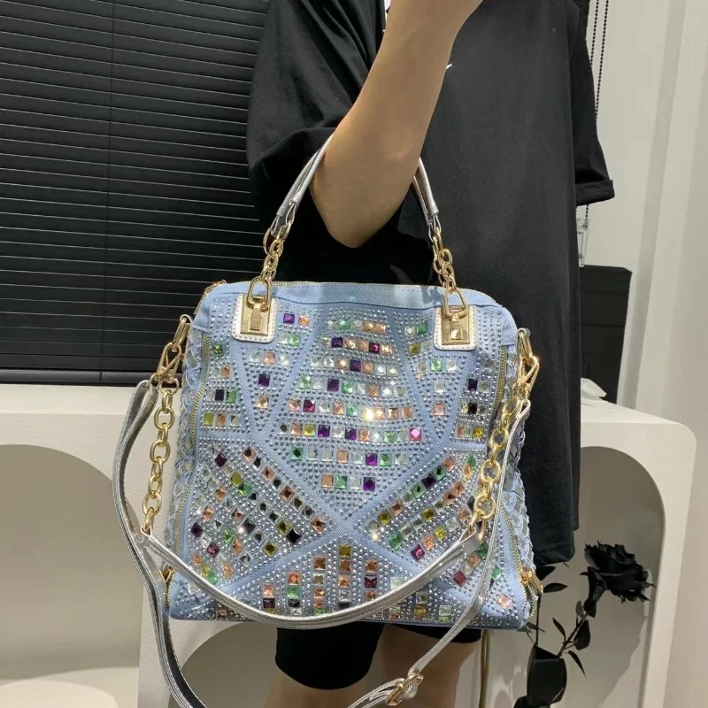 Women's Fashion Denim Braided Tote Bag Large Capacity Diamond Shoulder Handbag