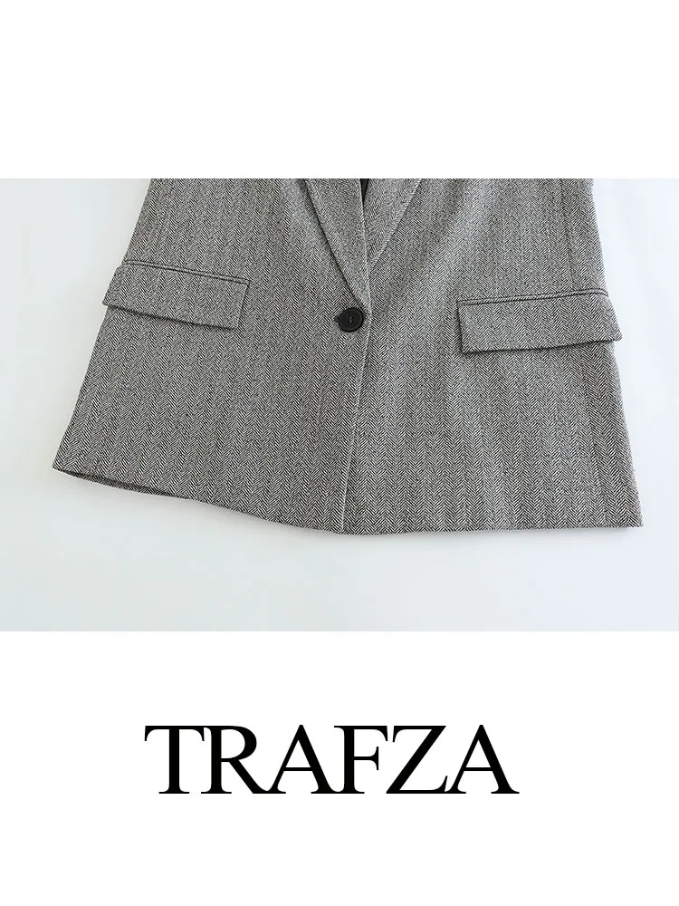 TRAFZA Elegant Women Long Sleeve Pocket Buttons Design Texture Blazer+Elastic Waist Side Pockets Wide Leg Pants 2 Piece Set