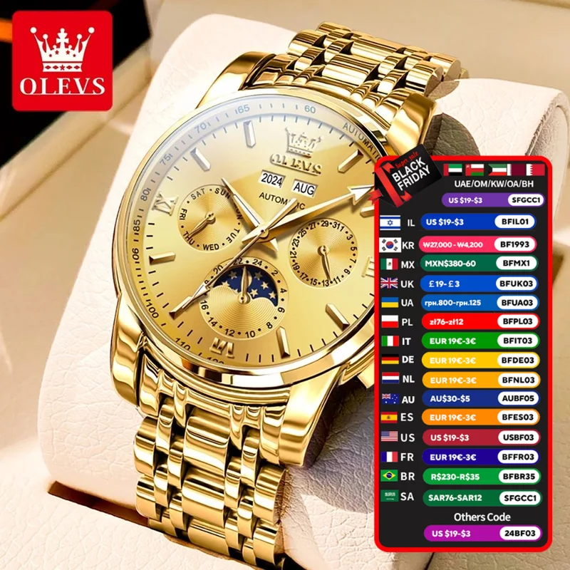 Mans Wrist Watch OLVES 6633 Multifunctional Automatic Mechanical Watches For man Stainless Steel Strap Gold Date Week Waterproof