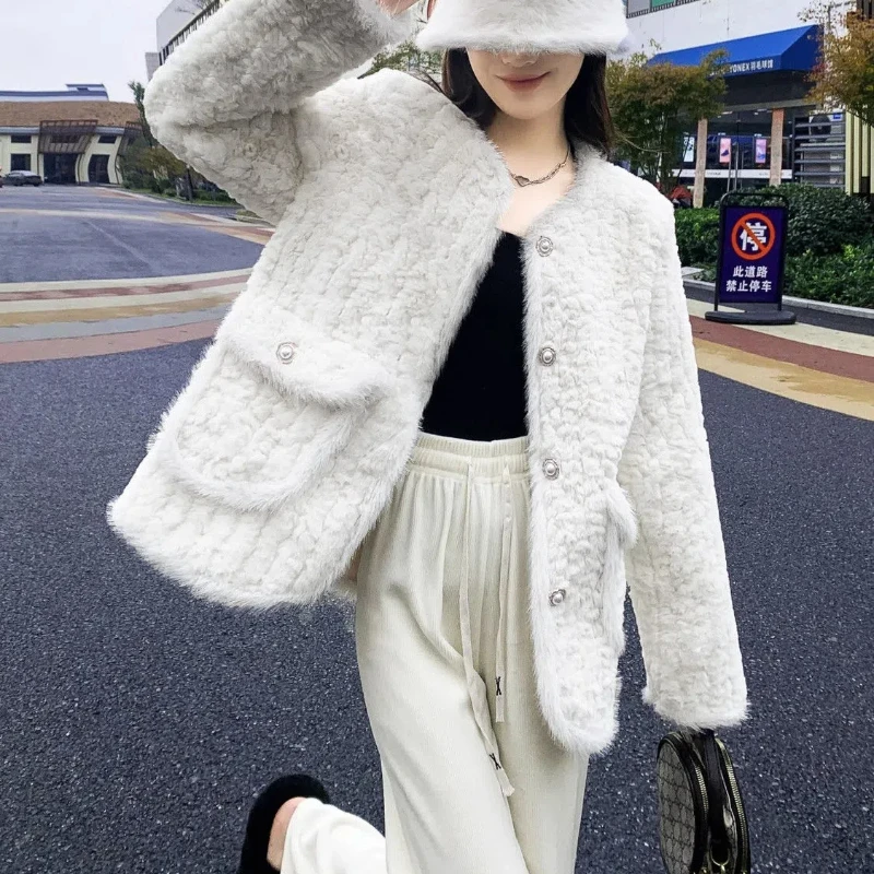 Xiaoxiangfeng Jacket for Women Winter Jacket with Cotton Lining and Maillard Top Loose Thick Imitation Rabbit Casual Jackets