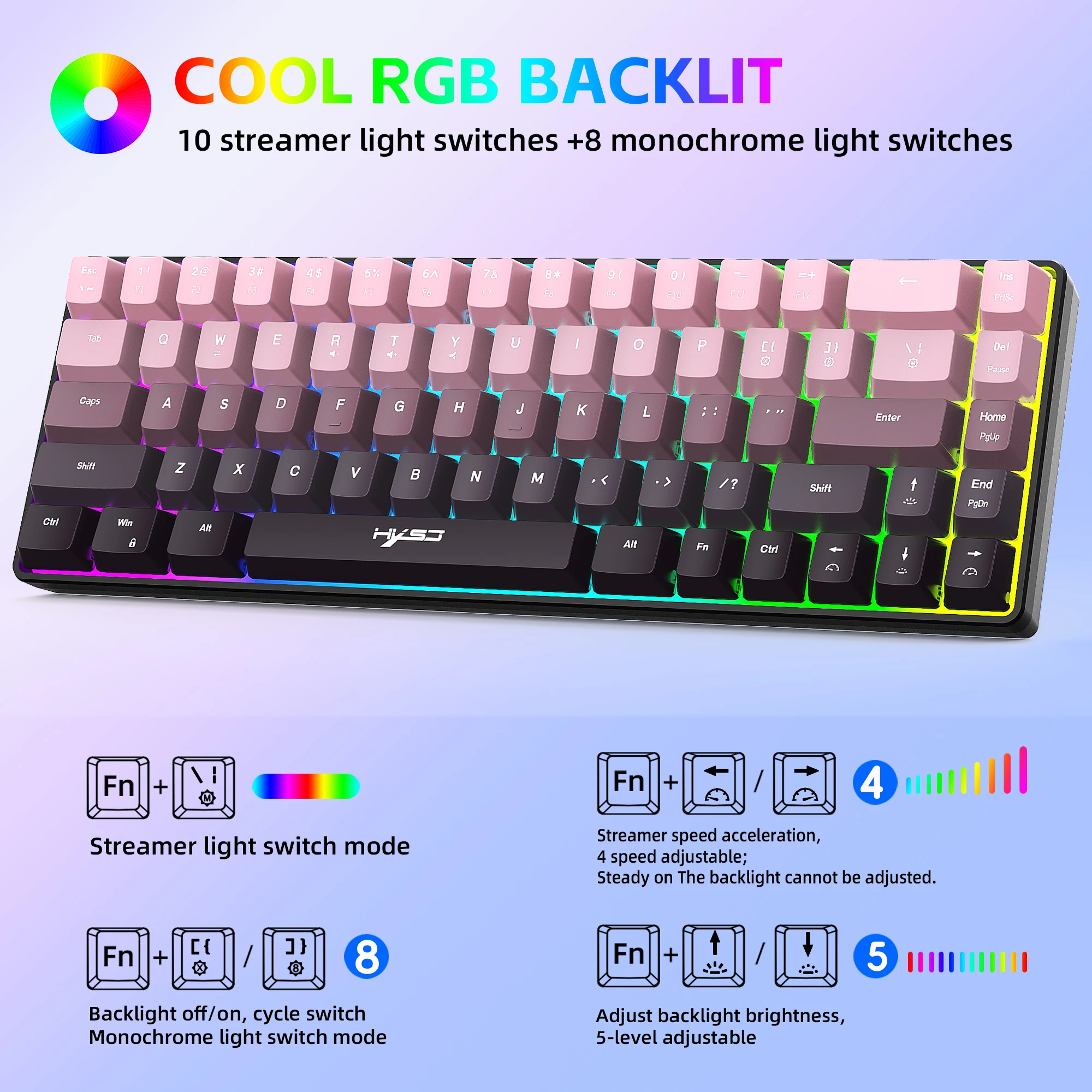 Portable 68 Gradient Color Keys Gaming Keyboard USB Wired Portable 20 RGB Backlight Keyboard for Windows Laptops Computer