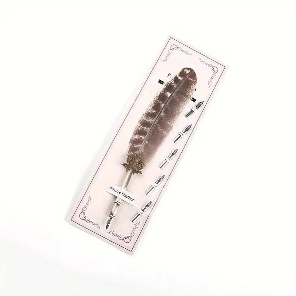 European Vintage Peacock Feather Pen Fountain Pen Calligraphy Signature Ink Pen 5 Nibs Dipped in Water Feather Dip Pen