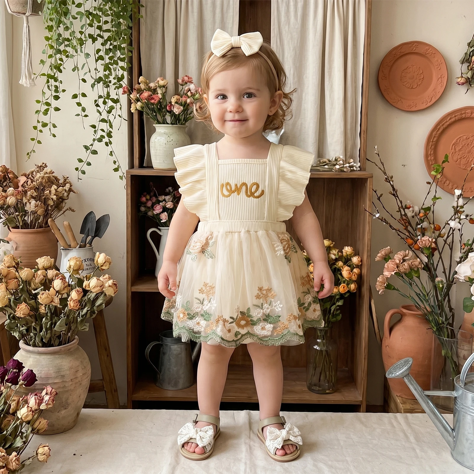 Baby Girl First Birthday Outfit Adorable Letter Embroidery Flying Sleeve Halter Neck Tulle Romper Dress and Bow Headband Set