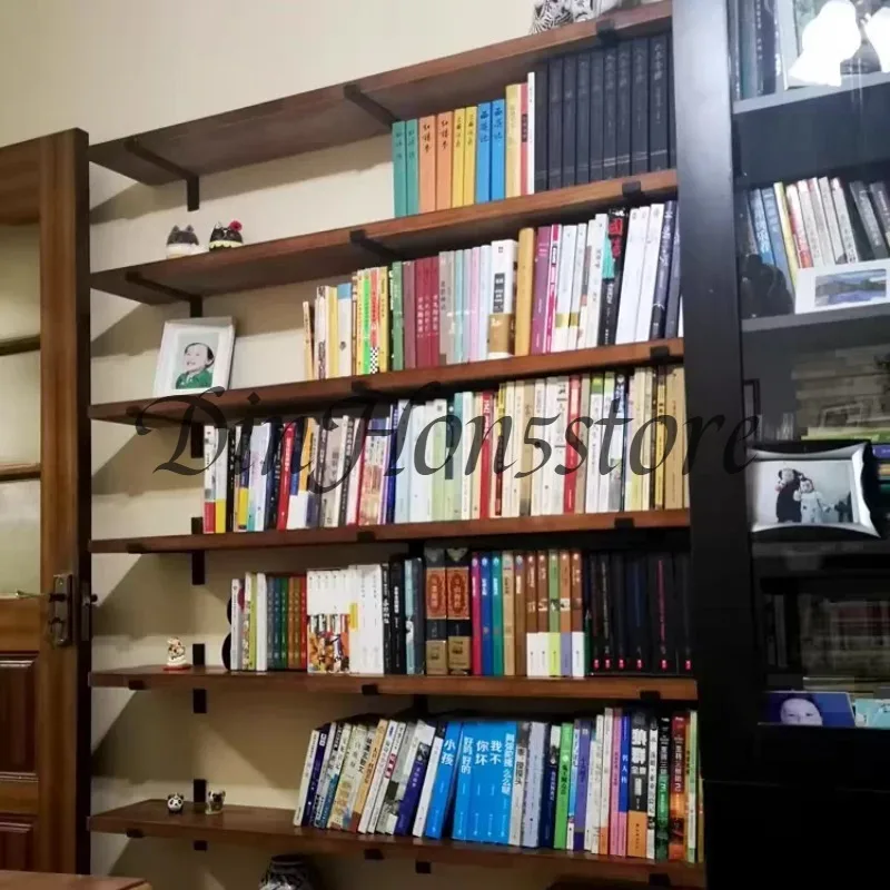 Loft Wrought Iron Solid Wood Rack One-word Baffle Bookshelf Living Room Wall Wall Wall Rack Decorative Shelf