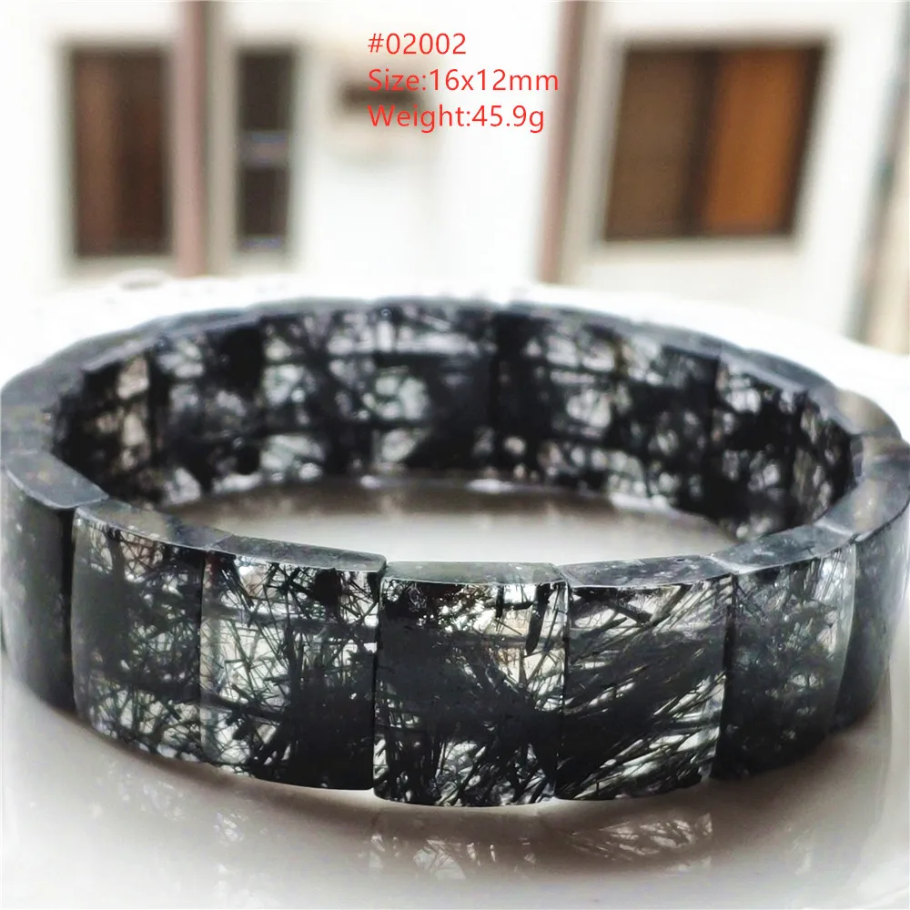 Natural Black Rutilated Quartz Clear Rectangle Beads Bracelet Women Men 14.5mm Clear Wealthy Bangle AAAAAAA