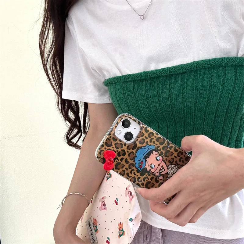 Leopard Print Cartoon Girl Phone Case Cover for IPhone 13 14 15 Pro Max Shockproof Cases for IPhone 15 Pro Max Case