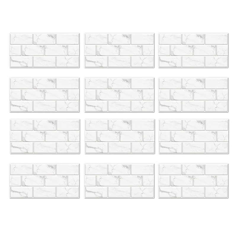 12-Sheet Peel And Stick Backsplash Tile, Faux White Marble Look PVC Stick On Backsplash Tiles For Kitchen 12X6inch Durable White