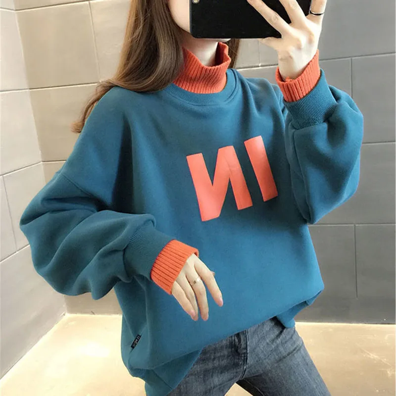 

New Winter Fashion Process Plush Thickened Half High Neck Loose Versatile Splice Fake Two Piece Casual Lazy Women's Sweater