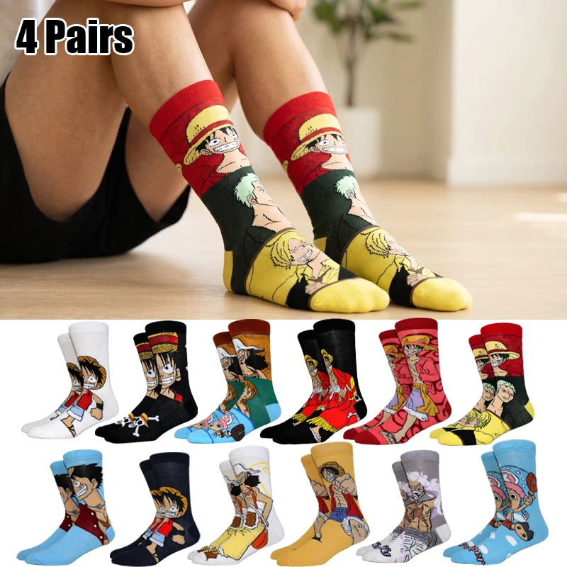 4 Pairs New Fashion ONE PIECE Anime Socks  Knee-High Women Cosplay Socks Personality Hip Hop Harajuku Men Funny Socks Size 36-44