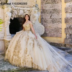 EVLAST Customized Champagne Quinceanera Dress Ball Gown Gold Lace Applique Beading Cape Sweet 16 Gown Vestido 15 De Años TQD235