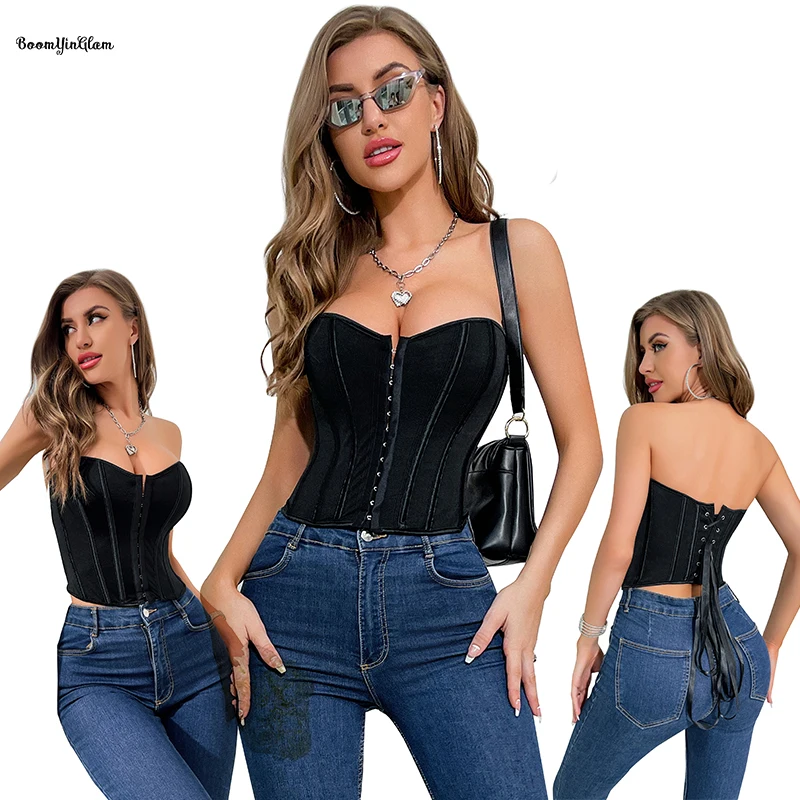 14 Glue Bones Women See Through Waist Trainer Bustier Strapless Mesh Hem Corset Crop Top With Front Hook Adjustable