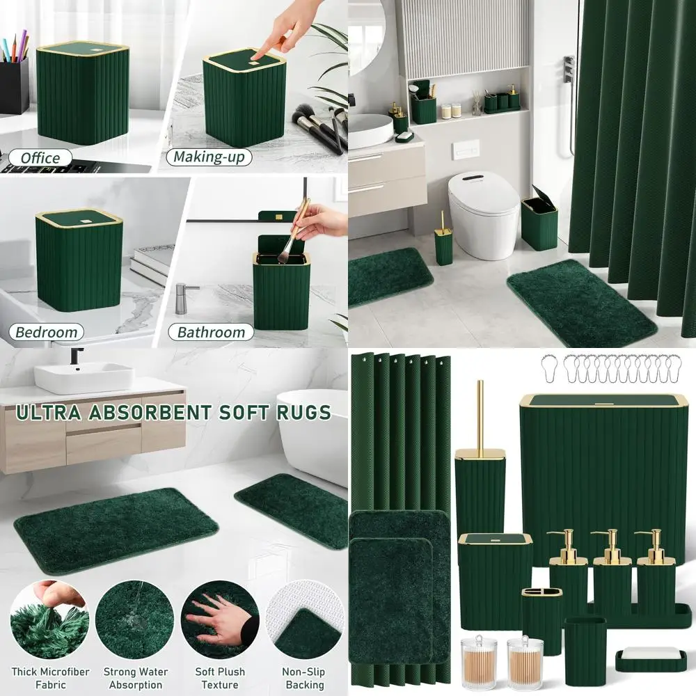 

27-Piece Dark Green Bathroom Accessory Set with Shower Curtain, Rugs, Trash Can, Toilet Brush, and Soap Dispenser