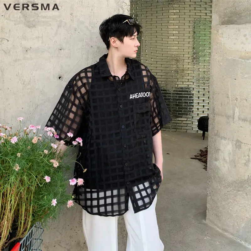 VERSMA Korean Cool Short Sleeve Sexy Mesh Male Shirt Summer Outdoor Thin Transparent Oversize Checkered Shirt Women Dropshipping