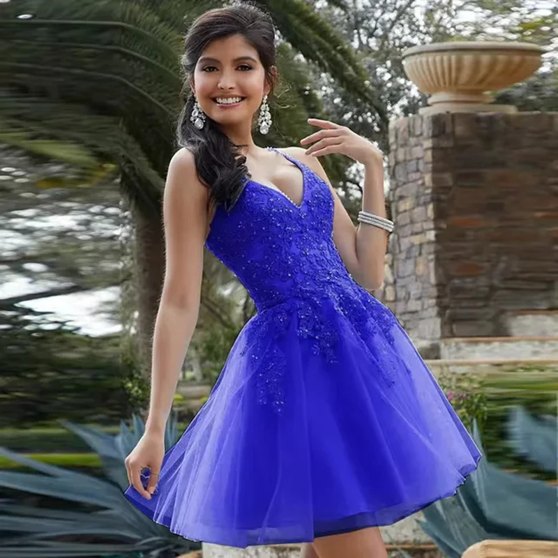 

Sexy V Neck Mini Prom Dress Spaghetti Straps Lace Beading Homecoming Dresses Tulle A-line Short Party Dress Customized