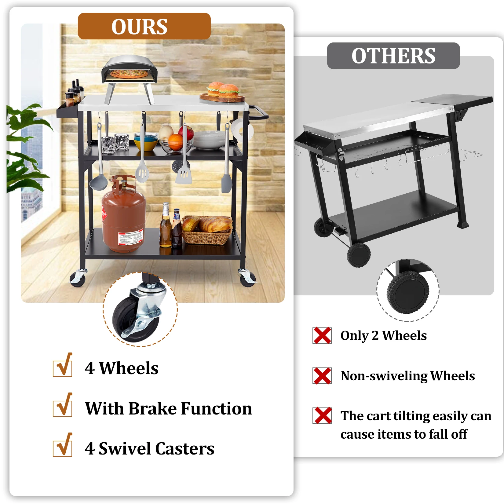 طاولة عربة الشواية الخارجية، طاولات فرن البيتزا المتحركة المصنوعة من الفولاذ المقاوم للصدأ مع 4 عجلات، طاولة إعداد طعام المطبخ مع رف تخزين